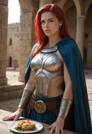 Alias from Azure Bonds, legendary swordswoman of the Forgotten Realms, tall and strong yet beautiful, athletic warrior build. Fair skin, long flowing red hair, sharp determined eyes, commanding presence. Wearing her distinctive adventurer’s armor, partial plate and leather with flowing blue cloak, embossed with silver details. The glowing azure magical bond tattoos are visible on her arm, faintly shimmering with arcane energy. Armed with a longsword, standing in a heroic pose on a battlefield or in front of an ancient ruin. Highly detailed, ultra-realistic high fantasy art, cinematic lighting, epic heroic atmosphere.