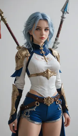 blue anime girl, with a spear, in armor and shorts, in genshin style, on a white background