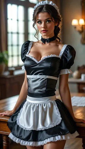33 years old gorgeous sensual woman in a french maid uniform, (satin maid dress), her 34c firm breasts are barely covered, tight unform, she leaning on a desk in a seductive pose, she wants to fuck you, she slightly spread legs, t, maid, <lora:BUT_SDXL_SHS:.7>, <lora:add-detail-xl:1.1>, <lora:MJ52:1.4>, <lora:xl_cute_maid_dress-1.0:.8>