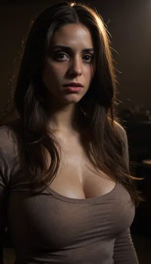@n!t@, 1girl, long, hair, brown, eyes, breasts, large, <lora:Sweet_Anita-000009:.8>, massive tits, tight shirt, <lora:dark:.8>