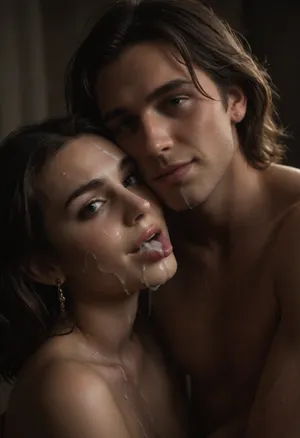 (((man), and woman)), slight smile, loving, woman above man, woman looking at viewer, ((after sex)), ((kissing)), ((cum in mouth)), ((cum on both faces:1.5)), ((cum on mans face:1.6)), ((embrace)), ((licking)), naked, ((cum sharing)), <lora:Men'sFacialV3.8:1.8>, <lora:476613_training_data:1.4>, <lora:dark:.1>