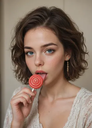 20 year, holds round ball lollipop in hand, licking round ball lollipop