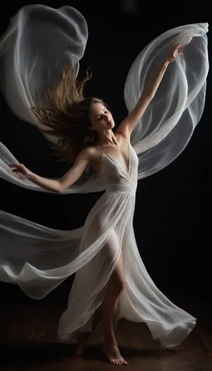 a dancing woman, translucent white fabric, dark background, long hair, high contrast.
