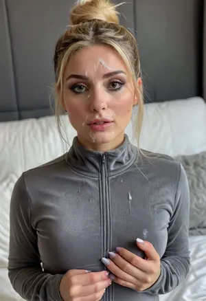 1 swiss 30yo woman, rapper, film charakter Valmira, (she wears a dark grey designer velvet track suit:1.5), indoors in a hotel room, (long dyed platinum blonde bun hair:1.2), grey eyes, pointed nose and chin, rings on the fingers, medium natural tits, (her face is covered with cum, cum on her chest, cumload on clothes, cum threads drip from chin:1.3), facial, breasts, stomach, covered, in, perfect, <lora:681678_training_data:.5>, <lora:style_lora_realis:.5>, <lora:Facials:.5>