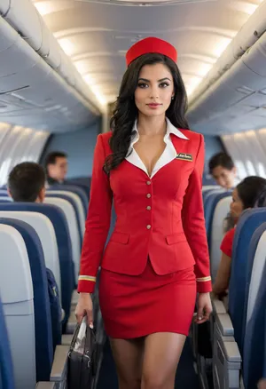 25 year old, gorgeous latin american female, black hair, large breasts, petite body, tiny waiste and hips, red flight attendant uniform, walking inside plane, full of passengers