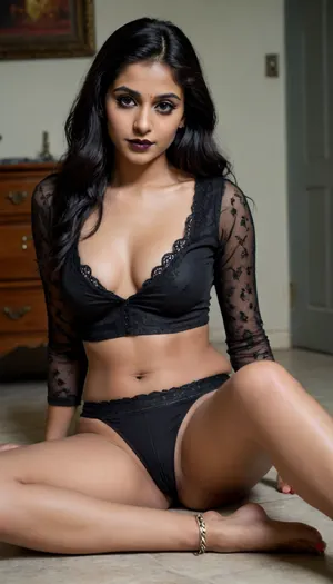 Cute Young tall indian women sitting on a floor, sexy blouse, with a sexy feet, anklets, spread legs to expose her shaved pussy, realistic hands, bottomless, pussy visible, shaved pussy, panties, pulled, to, side, pussy, shaved, black lipstick, goth, <lora:Pussy_pants_nohands_D03_realvizXL2_bucket_01-000010:.8>