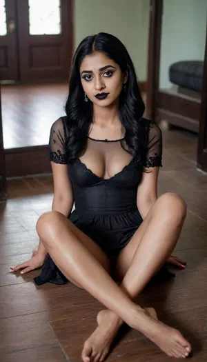 Cute Young indian women sitting on a floor, with a sexy feet, black lipstick, goth, shaved pussy visible