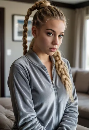 1 swiss 30yo woman, rapper, film charakter Valmira, (she wears a two tone grey juicy couture velvet track suit1.4), indoors in a hotel room, (longest dyed blonde cornrows look hair:1.2), grey eyes, pointed nose and chin, rings on the fingers, medium natural tits, <lora:681678_training_data:.5>, <lora:style_lora_realis:.5>