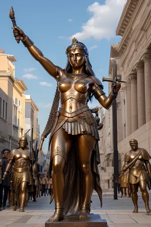 bronze statue, goddess of war Athena, full body visible, bare breasts