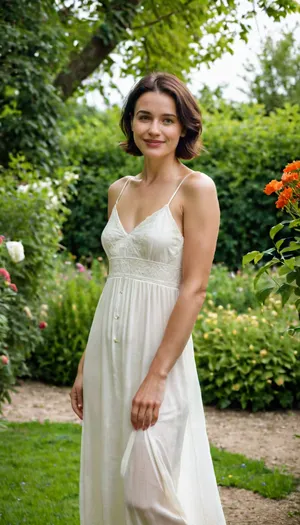 28 years old girl in private garden, without people, short dark hair, in long appropriate white dress, smiling, natural, flat chest, no tits, stronger chin, thin lips, no makeup, photo, portrait, <lora:real-humans-PublicPrompts:.8>