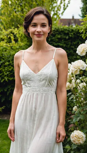 28 years old girl in private garden, without people, short dark hair, in long appropriate white dress, smiling, natural, flat chest, no tits, stronger chin, narrow lips, no makeup, photo, portrait, <lora:real-humans-PublicPrompts:.8>