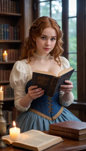 A serene, softly lit library with towering oak bookshelves and the warm glow of candlelight. Dust motes drift lazily in the air, catching the faint shimmer of magic. An enchanting young chubby plump woman with large, blue-grey eyes, (sparkling with curiosity), and voluminous, wavy red hair, (coppery strands catching the light), sits curled in a plush armchair. Her freckled cheeks and delicate features give her an innocent, almost fairy-like charm. She cradles an ancient leather-bound book titled in gilded runes, its pages faintly emitting a soft, pulsating blue light, hinting at the magic within. Her fingertips hover just above the text, as if sensing its energy. Wisps of ethereal mist curl from the pages, dissolving into the air. She wears a cozy, vintage-inspired outfit, a high-collared blouse with lace details and a velvet corset vest, blending fantasy and realism. A warm, diffused glow from a nearby lantern highlights her hair and the book’s radiance, casting delicate shadows. Subtle magical effects, Tiny floating runes or sparks fade in/out of focus near the edges of the frame, enhancing the otherworldly tone. Background is blurred shelves stacked with peculiar artifacts, (crystal orbs, quills that move on their own), suggest a world where magic is real but hidden. A cat with reflective eyes peers from a shadowy corner, watching the chubby young woman with intrigue. Ultra-detailed textures, the frayed edges of the book, individual strands of hair, the weave of her clothing, all rendered in 4K photorealism with a cinematic depth of field. Think a blend of *Studio Ghibli’s* whimsy meets *Alex Ross’s* hyperrealism, with lighting akin to *Greg Rutkowski’s* magical scenes., plump, skindentation, chubby, bbw, venus, body, big, breasts, ass, <lora:Chubby BBW - XL:2>