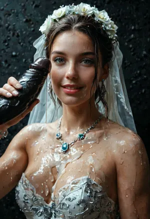 interracial, (muscular black skin brut), very very large black penis, black cock, black dick, (shy face), (thick black penis), ((handjob BBC)), (wedding rings shine), (slime on cleavage), super close up image, micro art photograph of an Iranian curvy bride standing on a glossy black velvet floor against a pitch-dark background. Dramatic, cinematic lighting with high contrast and soft shadows., ((Her entire feet, nylon, pussy, body, and classic lace white wedding dress are covered in a thick, jelly-like texture. The slime drips slowly from her hair and shoulders, creating a surreal, beautiful, and mysterious effect.)), The wedding dress features traditional Persian details such as tulle, gemstones, and Islamic motifs, visible beneath the slime. Visually stunning, surreal, and elegant composition with a focus at the tactile contrast between the slime and the white dress against the black velvet., close_up_detailed_shot_of1, BadX, happy, <lora:close_up_detailed_shot_of1:.8>, <lora:671410_training_data:1.3>, <lora:MJ52:.6>, <lora:happy_v2:.8>