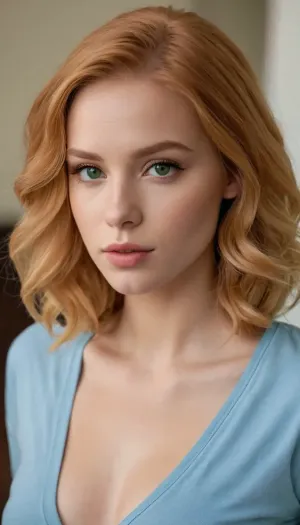 She is a college girl. She has a somewhat short stature and her build would best be described as toned. She has fair skin and green eyes, and her, (chin-length strawberry blonde hair:1.1), is loose and framing the face. She has modest breasts and a round butt.

Her eyes are marked with matte bronze eyeshadow and her eyelashes enhanced with black mascara. Her lips are painted with glossy nude lipstick. Her fashion sense would best be described as basic.

She is wearing a casual orange t-shirt, baggy blue jeans, and white sneakers., highest detail, photorealistic, highest resolution, highest quality, uhd, 8k, full body view