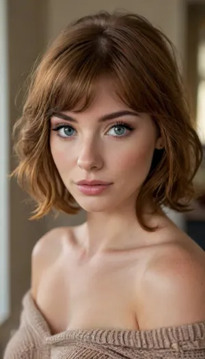 ziprealism, (intimate snapshot esthetic), (sensual woman, comfy sweater, off the shoulder, teasing cleavage, intimate seduction:1.4), (mischievous smirk, seductive expression, sensual pose), (f/2.8, shallow depth of field, Dutch Angles:1.2), (focus on eyes, perfect eyes:1.2), (subtle bokeh:.4), (vibrant auburn hair with warm highlights, short French Bob cut hair, wispy bangs and fringe, voluminous hair:1.6), (large expressive eyes, perfect eyes, defined jawline, full lips, long face, square jaw, pale skin, soft blush), (cozy bedroom, dim lighting, warm romantic lighting), igbaddie, <lora:igbaddie-XL:.4>, <lora:style_lora_realis:.8>