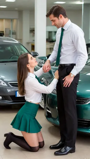 full portrait of girl kneeling before a well-dressed-man seducing a car salesman with his pants un-zipped, ((Little Caprice french girl kneeling before the man with legs apart. sportscar in background in a luxury car dealership)), brunette hair, pale skin, (long brunette hair:1.2), brash and extroverted smile, ((high detailed skin)), high quality, detailed skin texture, (perfect hands), ((flat-chested, (girl wearing bottle-green school skirt with matching plain-green-tie, Black-stockings:1.3))), ((natural body)), (realistic), soft focus, insanely detailed, highest quality, stockings, chocker on neck, ((with a man. Can see her panties:1.2)), ((she seduces a man who is obviously aroused and well-hung:1.1)), ultra realism, flirty, panties in view