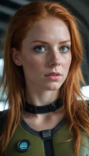 woman, female, 25 years old, long ginger hair, messy hairstyle, green eyes, freckles, uggly, extrem deep cleavage, eye contact, cyber punk, in space, dark starship, uggly window, stars, high detailed, close to face, portrait