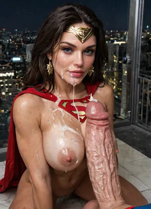 Close up 4k photo, gorgeous busty Wonder Woman, incredibly beautiful face, kneeling, ((she is getting jizzed on by Superman’s huge cock:1.4)), brunette hair, big tits, ((city at night in background)), (cum on her face and tits), bukkake, cum, Snyder, Style, <lora:MS_Real_XL_Bukkake:.4>, <lora:Dataset:1.3>