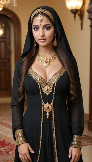 A gorgeous muslim indian girl wearing a black abaya dress, golden harem chains, big perfect boobs, eyes, face covered with golden hijab, big ass, indian room, perfect lipstick, golden jewellery, full body, harem small, long hairs, milk, cum