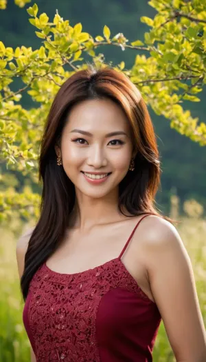 Professional awardwinning photograph of a 35 year old youthful smiling east-asian woman, creative vision, perfect composition, perfect focus, perfect balanced exposure, ((upper body in frame:1.3)), ((cute tall:1.3)), extremely beautiful, perfect beauty, perfection, gorgeous face, perfect body proportions, extremely detailed face and eyes, perfect skin, extremely detailed skin, extremely detailed hair, tranquil environment, warm sunlight, extremely detailed lighting, extremely high resolution, uhd, 8k, masterpiece