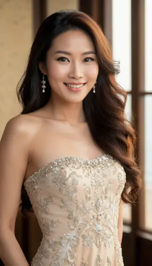 Professional awardwinning photograph of a 35 year old youthful smiling east-asian woman with a very long wavy hair and light makeup, creative vision, perfect composition, perfect focus, perfect balanced exposure, ((body in frame:1.5)), ((cute tall:1.3)), extremely beautiful, perfect beauty, perfection, gorgeous face, perfect body proportions, extremely detailed face and eyes, perfect skin, extremely detailed skin, extremely detailed hair, tranquil environment, warm sunlight, extremely detailed lighting, extremely high resolution, uhd, 8k, masterpiece, ral-lgtblb, <lora:ral-lgtblb-sdxl:.5>