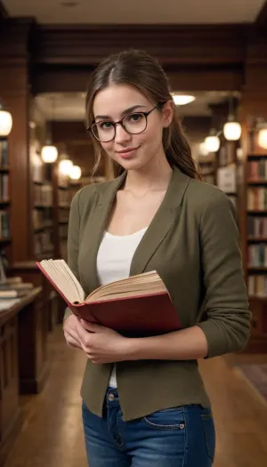 Professional awardwinning photo, creative vision, perfect composition, perfect focus, perfect balanced exposure, warm smile, ((full body in frame:1.4)), ((wide angle)), ((tranquil urban environment)), Evelyn, with her straight, mousy-brown hair pulled into a no-nonsense ponytail, has her eyes glued to the pages in front of her. She's petite, with a figure that suggests more hours in the library than at the gym, focus on eyes, glasses, fully clothed, ((layered clothing:1.4)), ((average face:1.4)), extremely detailed and realistic skin texture, vintage, 4K HD, extremely detailed cinematic lighting, perfect contrast, realistic detailed shadows, masterpiece, (photorealistic), hyperrealistic, Endless_Up_SDXL_Neg, <lora:Picture_enhancer:2>
