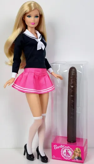 full body shown, Barbie doll of a sexy schoolgirl model, plastic doll, unopened packaging, blond hair, long straight hair, micro mini skirt, white stockings, pink very high platform high heels shoes, included accessories, pink slutty school girl outfit, (detail separate black giant dildo), very tall, very thin, <lora:gonza_v2:.7>