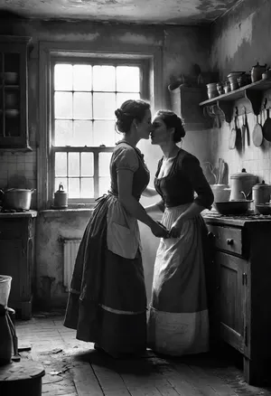 18 century, the young 18-year-old nude son exposes his erection to his stepmother. She is working in the kitchen, The stepmother is sweaty, worn out, but slowly lifts her dirty apron and long skirt, joyful anticipation, FRESHIDEAS, Real, Photography, 2#, Black, and, white, art, black, shading, charcoal, toned, brutal, dark, b/w, color, scheme, <lora:FRESHIDEAS Real Photography 2#:.6>, <lora:Black and white art.V1:.1>, <lora:MJ52:.4>, <lora:add-detail-xl:.9>