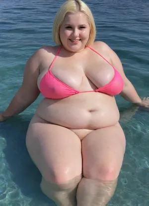 Ukrainian absolutely albino 30-year-old 3-feet-height extremely chubby, (((obese))), straight bob haircut, curvy, squared face, (fat breasts), woman, transparent gauze pink bikini, (chubby face), barefoot, happily smiling, swimming serenely in a clear blue sea