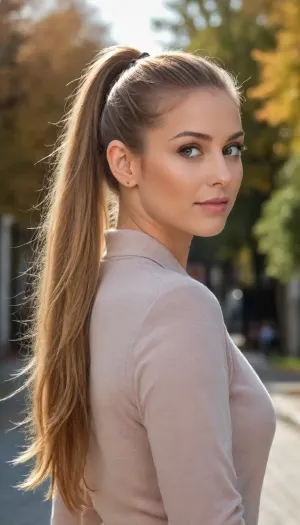 (Extremely insanely highest quality and resolution:1.5), (body in frame:1.6), (Professional modelling photo:1.3), ((astonishing endearing:1.5)), ((average girl next door:1.5)), (extremely detailed face and eyes:1.3), (makeup:1.33), (45 years-old), Dutch, (warm hair:1.5), (ponytail:1.5), (extremely long hair:1.5), (natural beauty:1.33), (toned:1.33), (extremely detailed hair:1.33), (very beautiful extremely detailed stylish colored chic designer clothing:1.5), pantyhose, (accessories:1.25), (happy look), (extremely detailed detailed outdoor:1.3), (extremely high resolution:1.3), (perfect focus:1.33), (perfect contrast:1.3), (perfect composition:1.3), (extremely detailed lighting and shadows:1.3), (insanely, (sharp details)), gigapixel, (hyperrealism:1.3), photorealistic, (masterpiece:1.5), (8k:1.5), (extremely high detailed:1.5), (photorealistic:1.5), ((extremely high quality)), (intricate details), highly realistic, detailed skin, artistically color tones, ((bokeh)), (smooth shadows), Endless_Up_SDXL_Neg, <lora:add-detail-xl:1>, <lora:XDetail_light:.7>