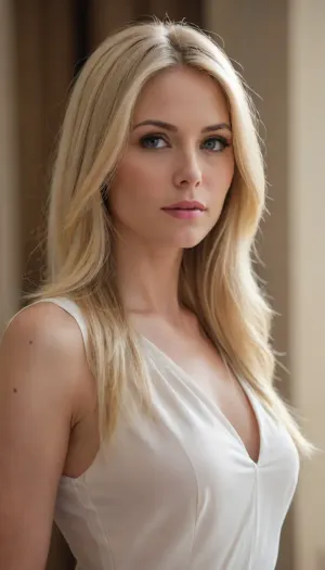 Upper half body in view, dynamic pose, 35 yo alluring woman, girl-next-door, (long light blonde straight hair), beautiful designer clothing