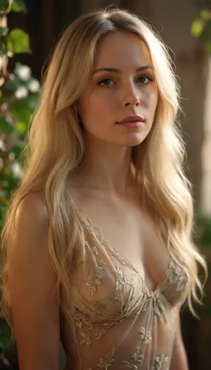 Torso in view, (dynamic pose), 35 yo alluring woman, girl-next-door, (long light blonde straight hair), (straight hair:1.1), beautiful clothing, highly detailed, dynamic background, ac_neg1, vines, <lora:MJ52:.8>, <lora:MIAOKA_shutengyi_xl_v1.0:1.2>