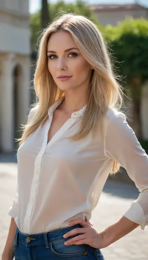 Torso in view, (dynamic pose), 35 yo alluring woman, girl-next-door, (long light blonde straight hair), (straight hair:1.1), silk blouse, skinny jeans, highly detailed, dynamic background, daylight, ac_neg1, <lora:Image Enhancer XL Extreme v1:.8>