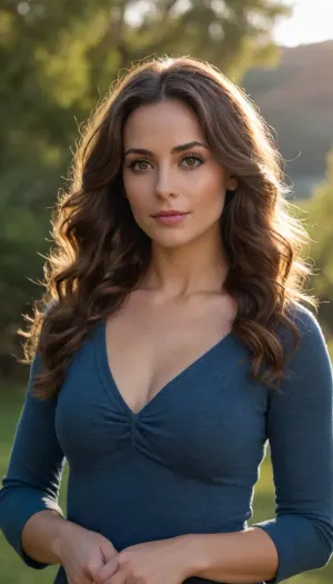 Professional awardwinning photograph, 35 yo brunnete, wavy combed long hair, fully clothed., (full torso in view:1.2), extremely detailed face and eyes, perfect skin, extremely detailed skin, extremely detailed hair, tranquil environment, warm sunlight, extremely detailed lighting, extremely high resolution, uhd, 8k, masterpiece