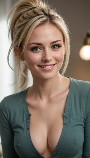 Professional awardwinning photograph, ((romantic:1.5)), 35 yo girl-next-door blonde, (loving smile:1.1), (nice haircut:1.3), Loose strands of hair. Fully clothed., Skinny jeans., ((full torso in view:1.5)), extremely detailed face and eyes. perfect skin. extremely detailed skin. Skin pores. Extremely detailed hair. Tranquil inside romantic environment. Warm soothing light. Extremely detailed lighting. Extremely high resolution. UHD. 8k. Masterpiece, mega, ponytail, big, hair, <lora:xl_mega_ponytail-1.0:.8>