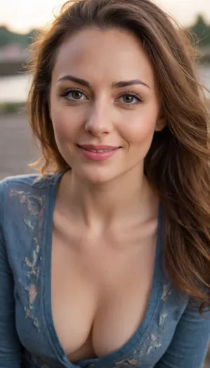 Professional awardwinning photograph, ((romantic date front closeup pov:1.5)), 35 yo girl-next-door brunette, (loving smile:1.2), Loose strands of hair. Fully clothed., Skinny jeans., (full torso in view:1.3), extremely detailed face and eyes. perfect skin. extremely detailed skin. Skin pores. extremely detailed hair., (tranquil outside romantic environment:1.1), . warm light. extremely detailed lighting. extremely high resolution. uhd. 8k. masterpiece, Long, hair, <lora:SDXL_long_hair_Sa_May:2>