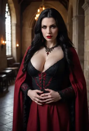 Vampire, ((milf)), dark, dramatic, ((large breasts)), (red lipstick), (long black hair), (black and red gothic cloak), supernatural, (interior setting), deep shadows, (ornate jewelry), dramatic pose, ((hands cupping breasts)), hand bra, (lustful/hungry look), medieval castle, (fangs), (fantasy), (super pale skin), (piercing red eyes)