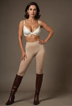 Plain background, 60 year old woman, standing full length side on, bending forward, rounded bottom, perfect face, insanely hot, domme style, femdom, stunning beauty, bimbo, skinny, thin, large firm breasts, huge breasts, short bob brunette hair, deep tanned skin, pearl earrings, ultra-white bra, 1950's style bra, beige tight-fitting equestrian jodphur, jodphurs, brown leather knee-length riding boots, looking haughty, hd, hdr, ultrarealistic, lots of detail, lots of skin details, award winning photograph, looking forward and point at camera with her right hand