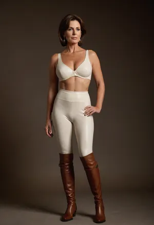 Plain background, sunny morning, 60 year old woman, standing full length side on, perfect face, insanely hot, domme style, femdom, stunning beauty, bimbo, skinny, thin, large firm breasts, huge breasts, short bob brunette hair, deep tanned skin, pearl earrings, ultra-white bra, beige tight-fitting equestrian leggings, jodphurs, brown leather knee-length riding boots, looking haughty, hd, hdr, ultrarealistic, lots of detail, lots of skin details, award winning photograph, looking forward and point at camera with her right hand