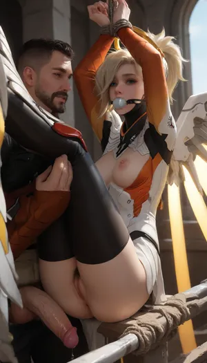 masterpiece, best quality, high resolution, hires, score_9, score_8_up, score_7_up, score_6_up, (Mercy:1.6), white skin tight leather top armor, black leggings, black leather boots, white metal angel wings, white metal helo, armor ripped off, leggings ripped open, short blond hair, narrow face, slim body, short neck, medium breasts, restrained, bound and ball gagged, tied up, arms tied above head, legs tied up extended out, perky nipples, hairy blond pussy, big bush, side view, one man partly out of frame, gigantic cock, incase style, ratatatat74, <lora:287175_training_data:1.3>, <lora:ratatatat74-000050:1.6>
