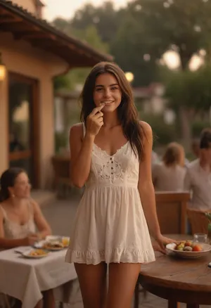 ((full body view from below)), of beautiful very deeply tanned petite slim 19 yo woman wearing an extremely short lace white sundress exposing her shaved pussy, summer, braless, slim body, smile, very long dark hair, seamlessly deeply tanned, deep seamless suntan, narrow waist, exposed shaved pussy, medium-size breasts, standing in foreground, selfie, standing playfully embarrassed at the outdoor terrace of countryside hotel, ((holding her hand over her smiling mouth)), ((dressed people at table in blurred background:1.5)), ral-polaroid, upskirt, vagina, out, rear, shot, front, <lora:EldritchCandids1.1.2:1>, <lora:ral-polaroid-sdxl:1>, <lora:add-detail-xl:1>, <lora:MJ52:.3>, <lora:upskirt:1>