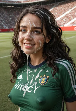 (older woman:1.1), (cum on clothes), soccer stadium background, cum on face, (cum on body), cum on hair, (long wet wavy hair), (thick runny dripping cum on face), (huge puffy erect areola, very puffy pokie long thick nipples under clothes), wearing tight soccer outfit, (Clothes and body covered with thick runny dripping cum), (mouth filled with thick runny cum), beautiful shy happy face, (cum on hair), (black haired ellie, aged 43 years old)