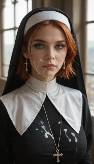 score_9, score_8_up, score_7_up, score_6_up, redhead hair, short haircut, Photo of the body, big breasts, Mascara running, young adult woman, A nun sits by the window, dressed in nun's clothes, bukkake, cum, <lora:add-detail-xl:.8>, <lora:MS_Real_XL_Bukkake:.8>