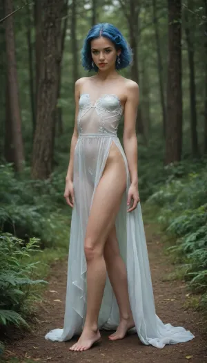 An unusually beautiful princess stands in a revealing dress. In the middle of the forest. Flat chest, skinny legs, thin lips, blue hair, her entire bodies are visible from toes to head.