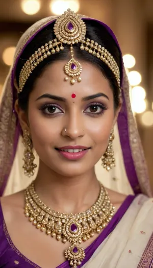 Woman, (ethnicity, South Asian, age:1.1), close-up portrait, wearing traditional Indian jewelry, (detailed clothing:1.2), (accessories:1.2), . Intricate gold and white beaded necklace and headpiece, (detailed jewelry:1.3), earrings, and bindi., (detailed makeup:1.2), (facial features:1.3), (expression:1.1), smiling, slightly looking off to her right, (body type:1.1), upper body, from the shoulders up, (pose:1.1), purple colored sari partially visible, (skin texture:1.2), water droplet on skin, warm lighting, photorealistic, high detail, closeup perspective, traditional Indian bridal style, detailed intricate designs of the jewelry, (eye detail:1.3), (mouth detail:1.1), shallow depth of field.