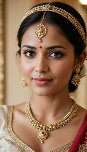 Woman, (ethnicity, South Asian, age:1.1), close-up portrait, wearing traditional Indian jewelry, (detailed clothing:1.2), (accessories:1.2), . Intricate gold and white beaded necklace and headpiece, (detailed jewelry:1.3), earrings, and bindi., (detailed makeup:1.2), (facial features:1.3), (expression:1.1), smiling, slightly looking off to her right, (body type:1.1), upper body, from the shoulders up, (pose:1.1), white colored sari partially visible, (skin texture:1.2), water droplet on skin, warm lighting, photorealistic, high detail, closeup perspective, traditional Indian bridal style, detailed intricate designs of the jewelry, (eye detail:1.3), (mouth detail:1.1), shallow depth of field.