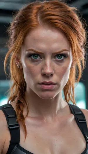 female, 25 years old, long ginger hair, messy hairstyle, green eyes, freckles, extremely beautiful, angry, (muscular:1.4), small muscular breasts, (chiseled pecs:1.1), eye contact, cyber punk, in space, dark starship, uggly window, high detailed, close to face, portrait, nose ring, nose piercing, septum ring, fully dressed in carbon combat gear with sharp metal spikes, From below