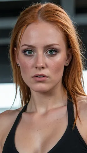 female, 25 years old, long ginger hair, messy hairstyle, green eyes, freckles, extremely beautiful, angry, (muscular:1.4), small muscular breasts, (chiseled pecs:1.1), eye contact, cyber punk, in space, dark starship, uggly window, high detailed, close to face, portrait, nose ring, nose piercing, (nose ring:1.5), fully dressed in carbon combat gear, From below, <lora:Sweaty_Realism_4-000006:.8>