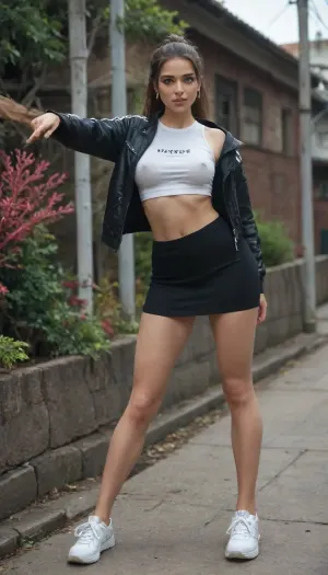25 years old russian lady, brunette ponytail hair, brown eyes, coral lips, midsize boobs, black zipline jacket, white crop top, visible nipples, black plessed skirt, long legs, white sneakers, dance class