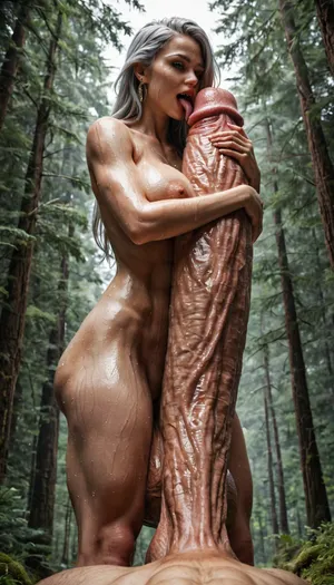 POV, best quality, highly detailed, woman with brushed silver hair and with big breasts, (50 feet tall naked male giant), (in a forest:1.2), (erected penis:1.2), (woman is standing up on the giant's balls), (woman is embracing the penis:1.2), (woman is licking the penis:1.2), cum dripping from tip of the penis, (woman is naked), (sweaty body:1.5), (colossal and towering penis:2.2), (huge balls)